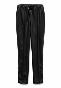 Melnas mākslīgās ādas bikses ar elastīgu jostu, kurām ir vertikālas šuvju detaļas un saplacināta piegriezuma forma. Gluda, spīdīga tekstūra.