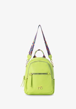 Lime green backpack with a textured finish, a main zip compartment, a front zip pocket, and a patterned adjustable strap. Gold accents.