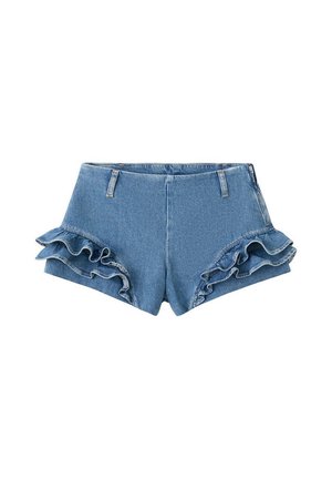 Short en jean taille haute avec ourlets à volants double couche sur chaque jambe et passants pour ceinture à la taille.