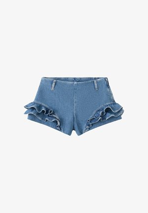 Short en jean taille haute avec ourlets à volants double couche sur chaque jambe et passants pour ceinture à la taille.