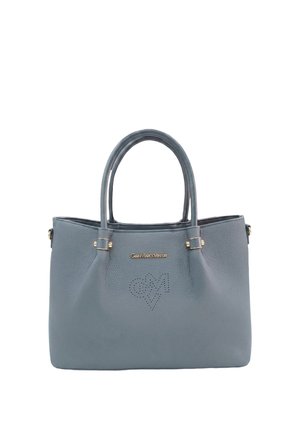 Borsa a mano in pelle grigia con due manici, targhetta con logo dorato con la scritta GianMarcoVenturi e design a cuore GM traforato sul davanti.