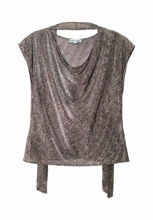 Blouse à manches courtes argentée gris scintillante avec encolure drapée et deux liens en tissu pendants à l'ourlet, étiquetée THE-ARE.