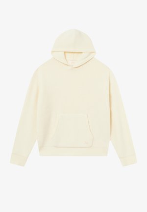 Kerman hooded sweater, jossa on teksturoitu neule, etupussitasku, ribatut hihansuut ja helma, ja jossa on pieni logotägi lähellä taskua.