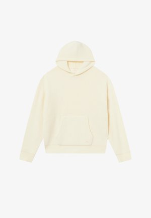 Crème kleurige hoodie met een textuur gebreide stof, voorzak, ribboord aan de mouwen en onderkant, met een klein logo-label bij de zak.
