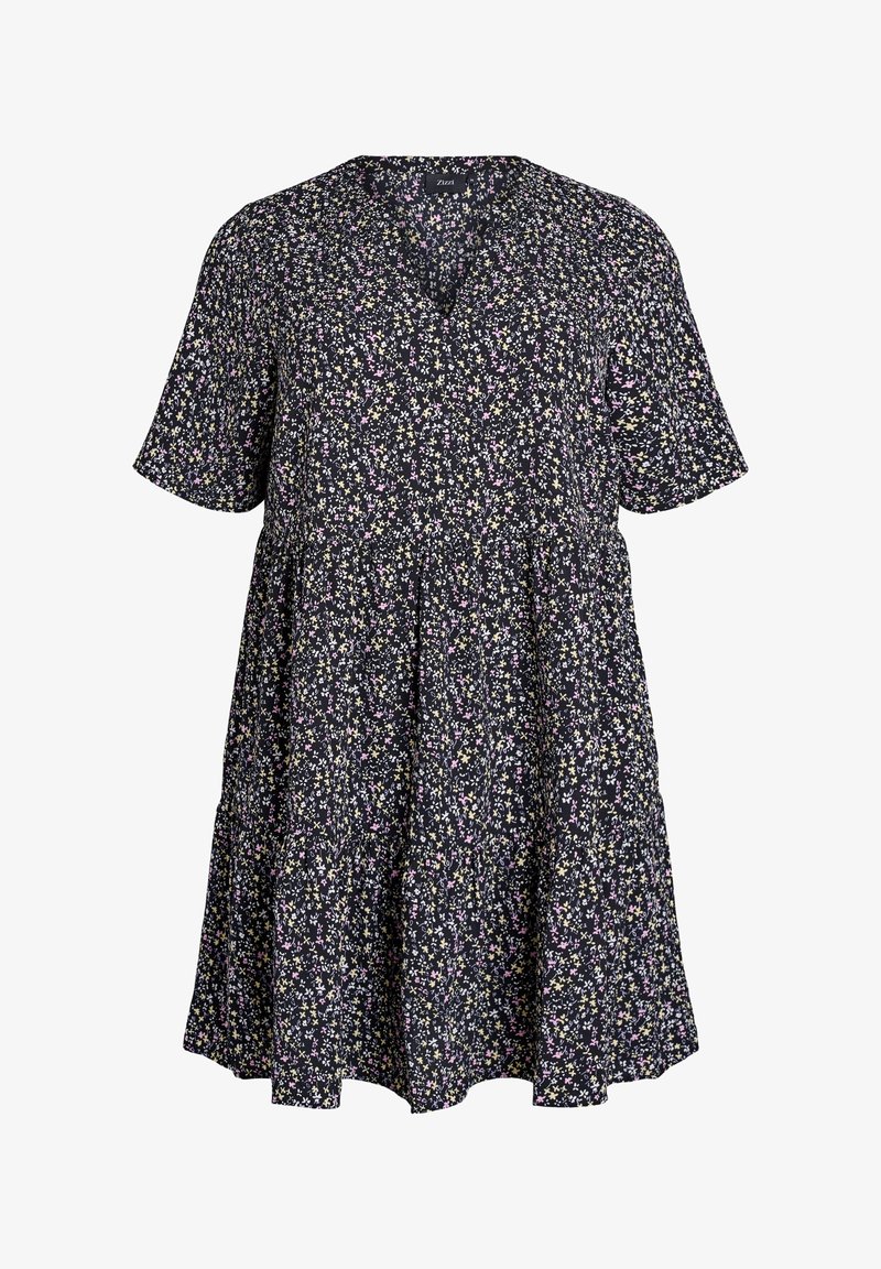 Robe noire à manches courtes avec un petit motif floral rose, jaune et blanc et un col en V, évasée en bas.