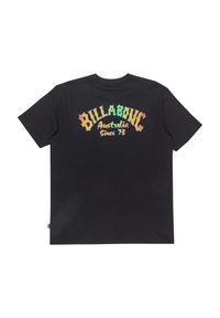 Black t-shirt featuring multicolored text on the back, reading "BILLABONG Australia Since 73." Short sleeves, standard crew neck design.