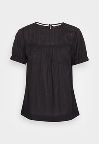 Blusa nera a maniche corte con righe verticali testurizzate e dettagli in pizzo sotto il colletto. Presenta un collo rotondo e chiusura con bottone sul retro.