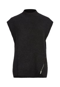 Pull sans manches noir en maille avec col montant et détail de fermeture éclair diagonale argentée sur le bas côté droit.