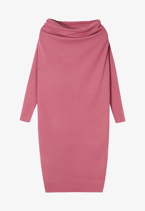Vestido de punto rosa polvoriento de manga larga y largo hasta la rodilla, con un amplio escote drapeado tipo capucha y puños ajustados.