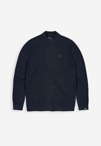 Marineblauer Langarmpullover mit geripptem Stehkragen, Bündchen und Saum sowie einem kleinen quadratischen Logo-Patch auf der Brust und in der Nähe des Saums.