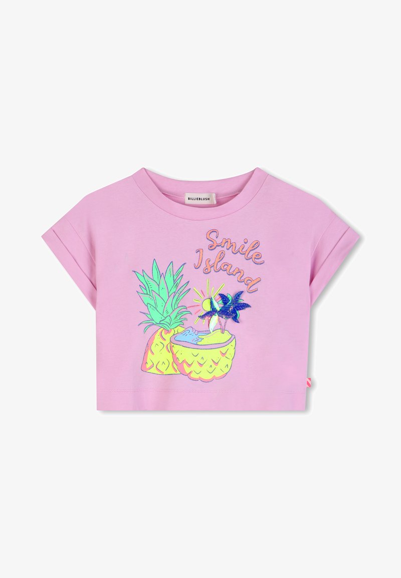 Ροζ κοντομάνικο crop top με το κείμενο "Smile Island", που διαθέτει πολύχρωμα γραφικά με ανανά και τροπικό ποτό.