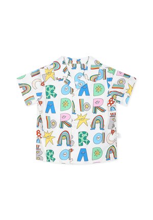 Camicia a maniche corte con bottoni in tessuto leggero, caratterizzata da una stampa multicolore di lettere, arcobaleni, stelle e personaggi in stile cartoon.