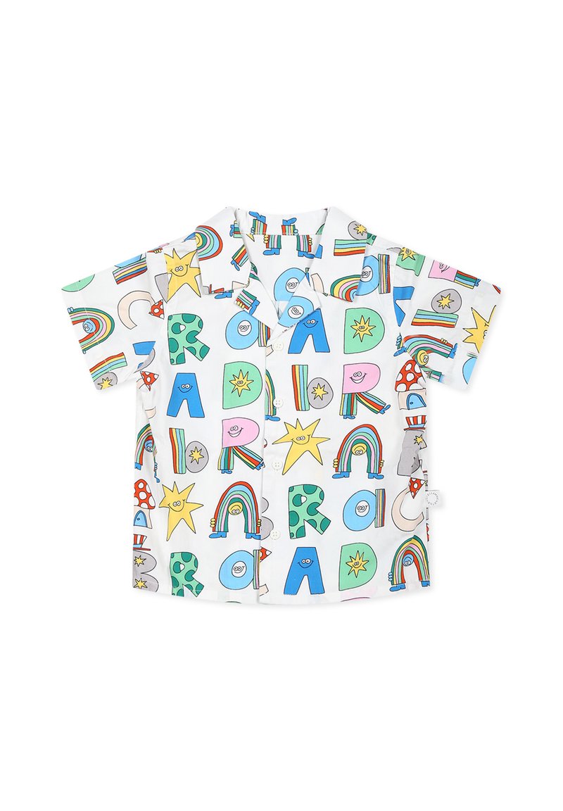 Camicia a maniche corte con bottoni in tessuto leggero, caratterizzata da una stampa multicolore di lettere, arcobaleni, stelle e personaggi in stile cartoon.