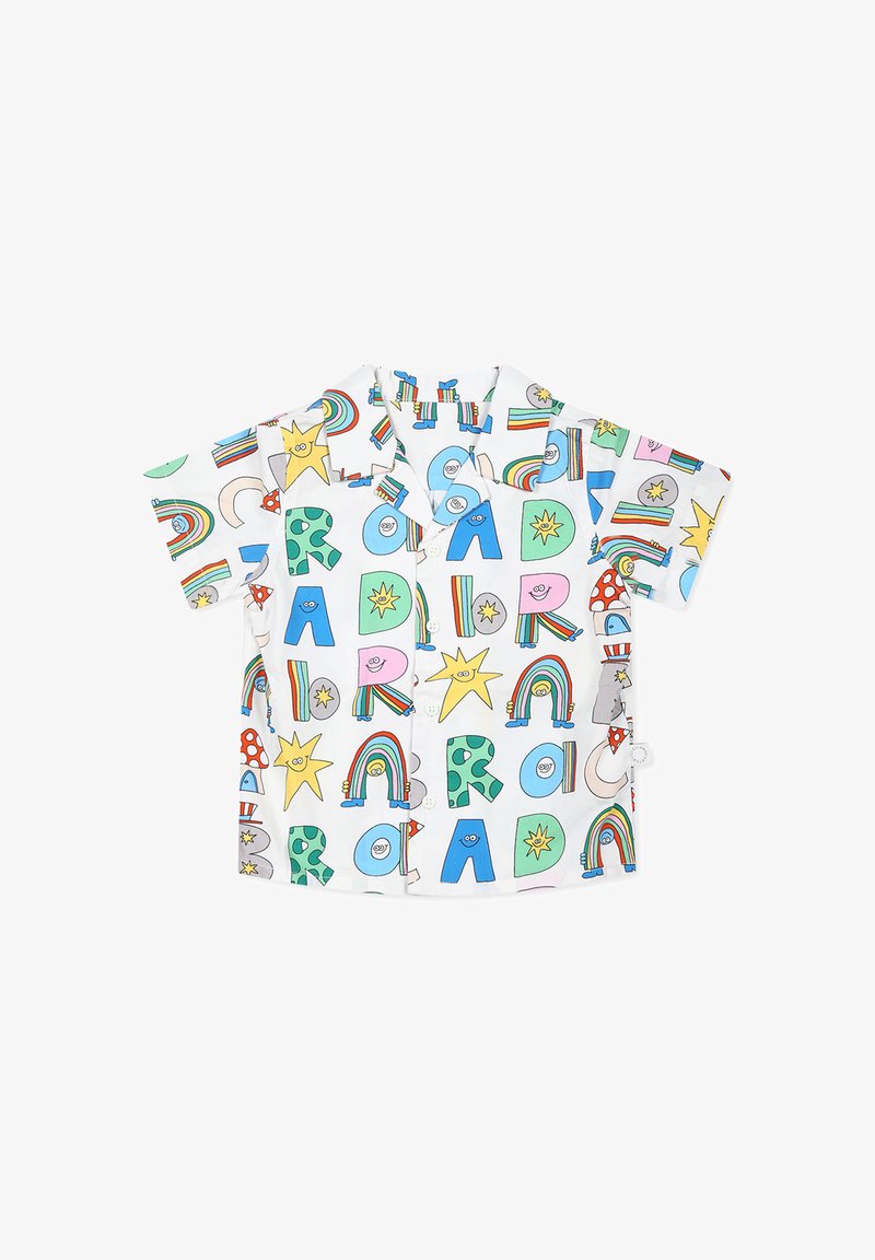 Camicia a maniche corte con bottoni in tessuto leggero, caratterizzata da una stampa multicolore di lettere, arcobaleni, stelle e personaggi in stile cartoon.