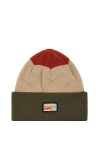 Knit beanie in beige, red, and green. Features a rolled cuff and a patch with mountains and the word "PROTEST." Textured fabric.
