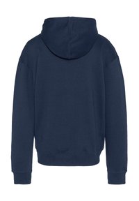 Sudadera con capucha de color azul marino, material de mezcla de algodón, que presenta una gran capucha, puños y dobladillo acanalados, con una textura suave y sólida.