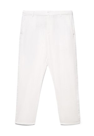 Pantaloni bianchi a gamba dritta con passanti per cintura, tasche frontali, cerniera e chiusura con bottone, mostrati su uno sfondo semplice.