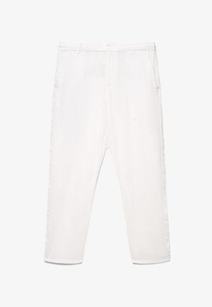 Pantaloni bianchi a gamba dritta con passanti per cintura, tasche frontali, cerniera e chiusura con bottone, mostrati su uno sfondo semplice.