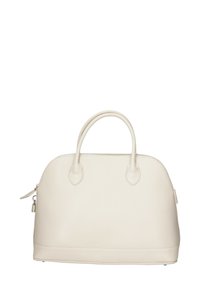 Borsa a mano in pelle bianca texture con forma arrotondata, doppio manico superiore e chiusura con zip. Presenta hardware sottile e accenti cuciti.