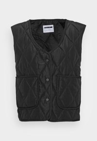 Svart vadderad väst i syntetmaterial med V-ringning, sex knappar och två framfickor. Slät yta med diamantmönster.