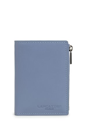 Portafoglio in pelle blu con scomparto laterale con zip e logo in rilievo "Lancaster Paris" sul davanti.