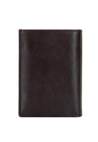 Portfel z ciemno brązowej skóry o gładkiej fakturze, prostokątnym kształcie i starannym przeszyciu wzdłuż krawędzi.