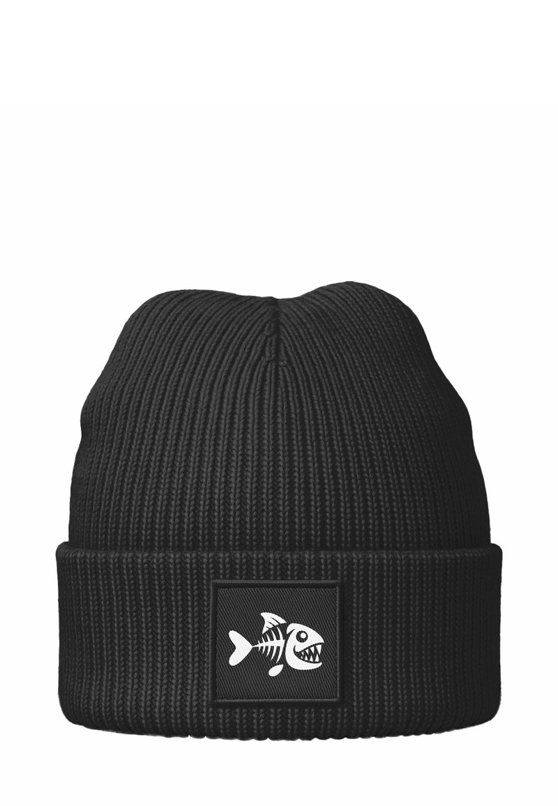 Black knit beanie with ribbed texture, featuring a white fish skeleton graphic on a square patch on the front.