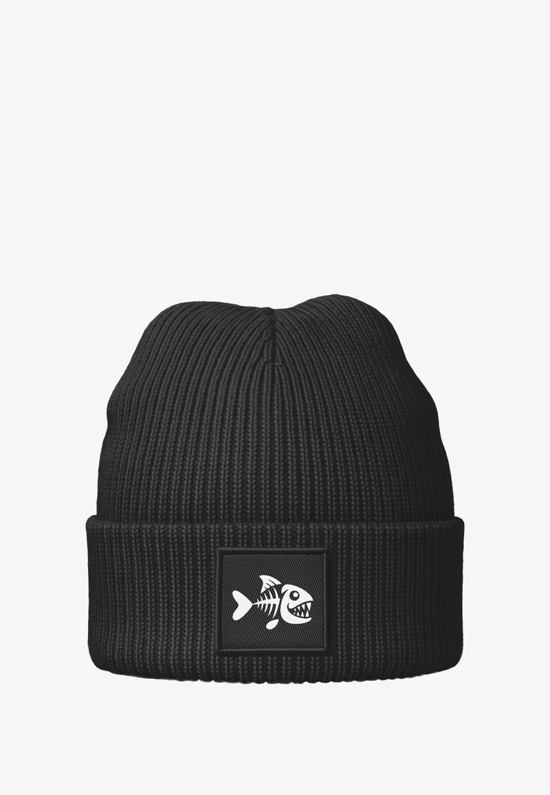 Black knit beanie with ribbed texture, featuring a white fish skeleton graphic on a square patch on the front.