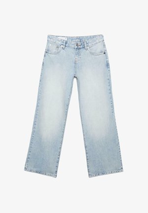 Svetlomodré široké rifle s gombíkom a zipsom na zapínanie, piatimi vreckami a pútkami na opasok, rozložené na bielom pozadí.