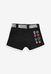 Czarne bawełniane bokserki z białym pasem z logo "MARVEL". Zawierają różnokolorowe ikony superbohaterów po prawej stronie.