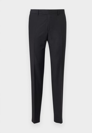 Black dress pants with a tailored fit, flat front, and creased legs; made from smooth fabric with belt loops and a zipper fly.