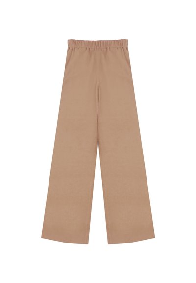 Beige wijde broek met een elastische tailleband, gemaakt van zachte stof, met een glad oppervlak en zonder patronen of versieringen.
