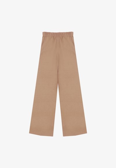 Beige wijde broek met een elastische tailleband, gemaakt van zachte stof, met een glad oppervlak en zonder patronen of versieringen.
