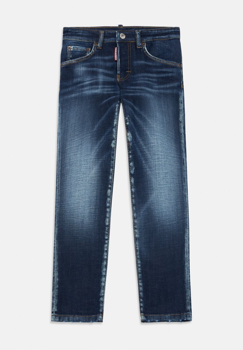 Jeans in denim blu scuro con taglio dritto, dotati di tasche frontali, leggere scoloriture e dettagli di cucitura a contrasto.