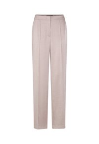 Light beige tailored trousers with a smooth texture, featuring front pleats and a straight leg design. Mid-rise waistband.