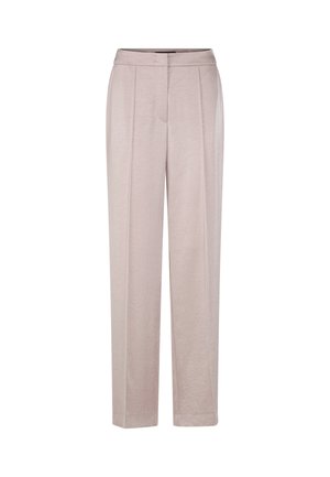 Light beige tailored trousers with a smooth texture, featuring front pleats and a straight leg design. Mid-rise waistband.