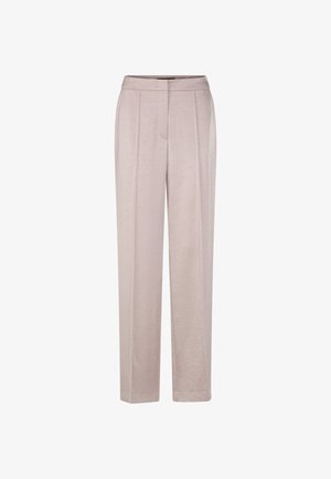 Light beige tailored trousers with a smooth texture, featuring front pleats and a straight leg design. Mid-rise waistband.