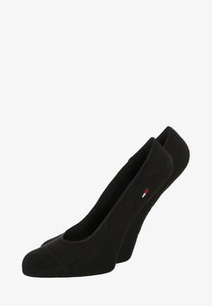 Black low-cut socks made of textured cotton blend; feature a small logo in red, white, and blue on the side; smooth finish.