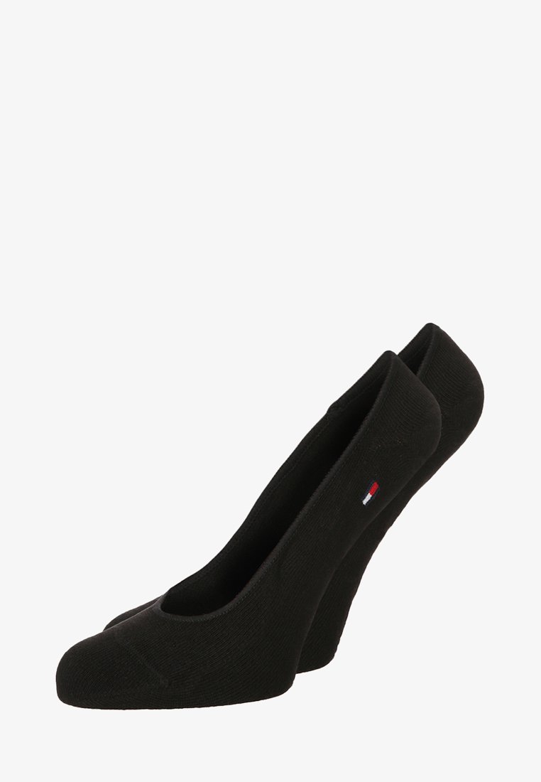 Black low-cut socks made of textured cotton blend; feature a small logo in red, white, and blue on the side; smooth finish.