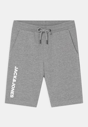 Szare bawełniane szorty z elastycznym paskiem ze sznurkiem, dwoma bocznymi kieszeniami i białym logo "JACK&JONES" na lewej nodze.