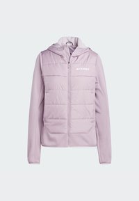 Giacca lilla chiaro in materiale fleece con parte frontale trapuntata. Caratterizzata da un cappuccio, chiusura con zip e logo Terrex sul petto.