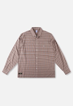 Srajca z dolgimi rokavi na gumbe z rjavim in belim karo vzorcem, ovratnikom ter majhnim vezenim logotipom na levi strani prsnega koša.