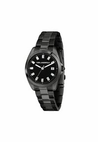 Schwarze Metallarmbanduhr mit rundem Zifferblatt, schwarzem Ziffernblatt, silbernen Stundenmarkierungen, Datumsanzeige und Gliederarmband. Der Markenname "KARL LAGERFELD" ist sichtbar.
