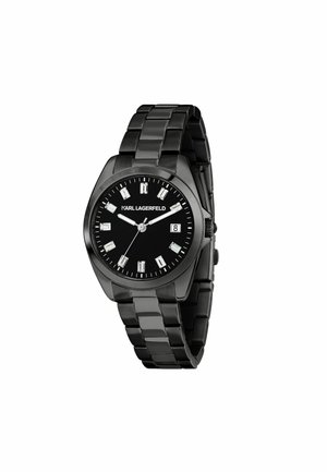 Orologio da polso in metallo nero con quadrante rotondo, quadrante nero, indicatori delle ore argentati, display della data e bracciale a maglie. Nome del marchio "KARL LAGERFELD" visibile.