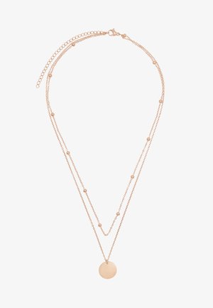 Roze gouden gelaagde ketting met twee kettingen, ronde kralen en een cirkelvormige hanger in het midden. Luxe metalen afwerking.