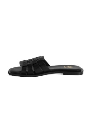 Sandales noires avec une semelle plate, présentant des lanières tissées sur le dessus. Finition lisse, design minimaliste et aucune quincaillerie visible.