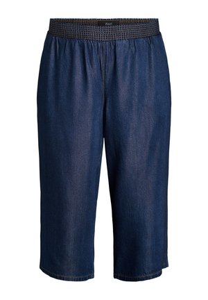 Tmavomodré rifľové capri nohavice s nazbieraným elastickým pásom a kontrastným stehom, s nápisom "Zizzi" v strede vpredu.