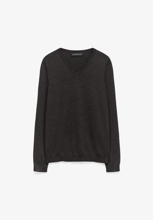 Dark gray, long-sleeve v-neck sweater in a soft knit fabric. Features ribbed cuffs and hem, with subtle stitching detail on the chest.