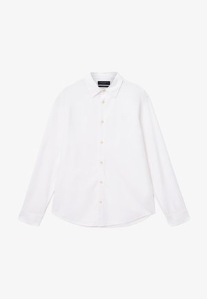 Weißes Langarmhemd mit klassischem Kragen und Knopfleiste, mit glatter Textur und dezentem Logo-Detail auf der Brust.