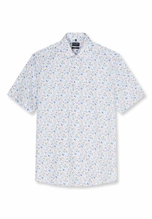 Weißes Kurzarmhemd mit kleinem, mehrfarbigem Blumenmuster und klassischem Kragen, flach liegend dargestellt.